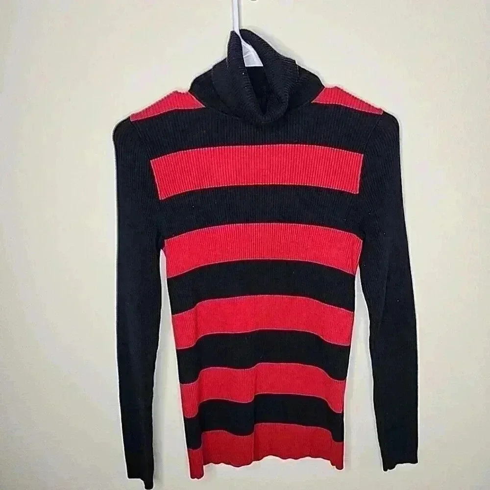 Lauren Ralph Lauren Red & Black Stripe Ribbed Turtleneck Logo Sweater M Y2k Core